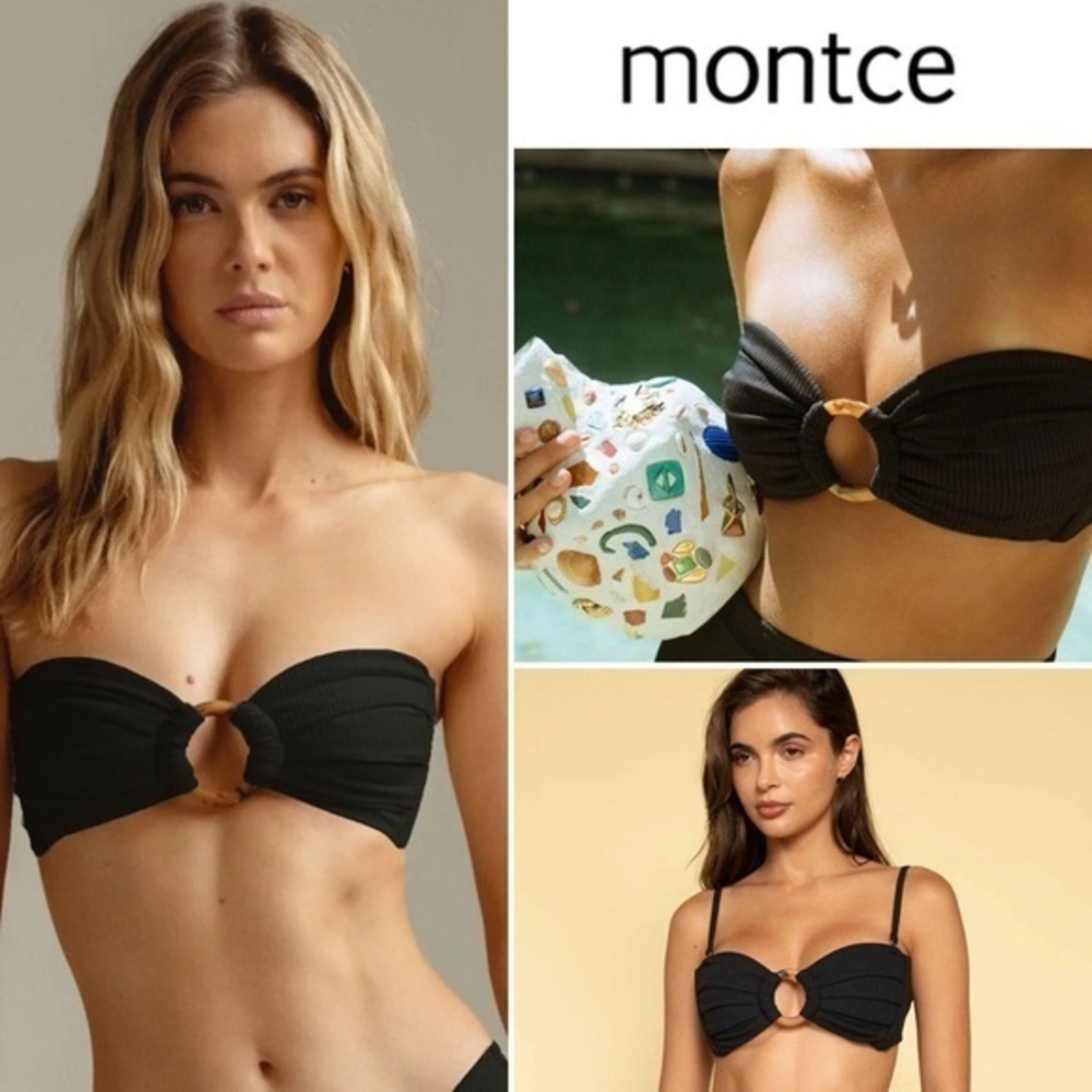 Montce Tori O-Ring Black Rib Bandeau Bikini Top XS 132$